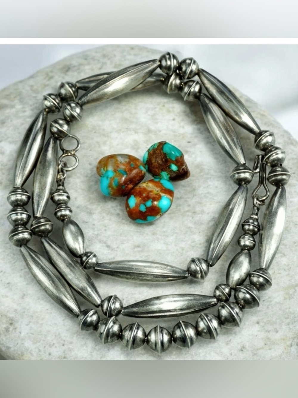VTG STERLING Navajo Pearl MELON
Necklace Squash Bead FOXTAIL 20"